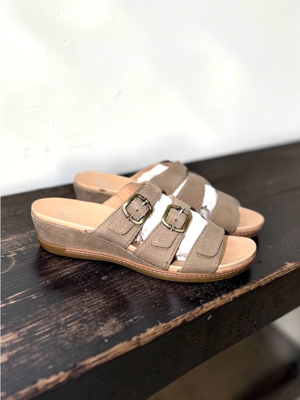 Dansko Campbell Platform Taupe Leather Wedge Slide Sandal Size 8.5-9